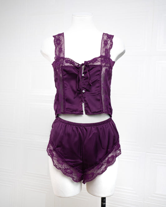 Satin&lace High Waist Cami Dress Purple - Fever Lingeries