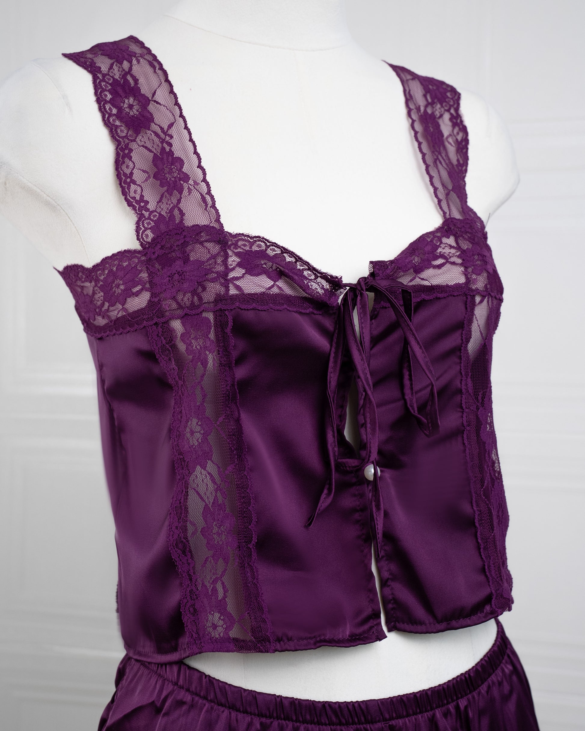 Satin&lace High Waist Cami Dress Purple - Fever Lingeries