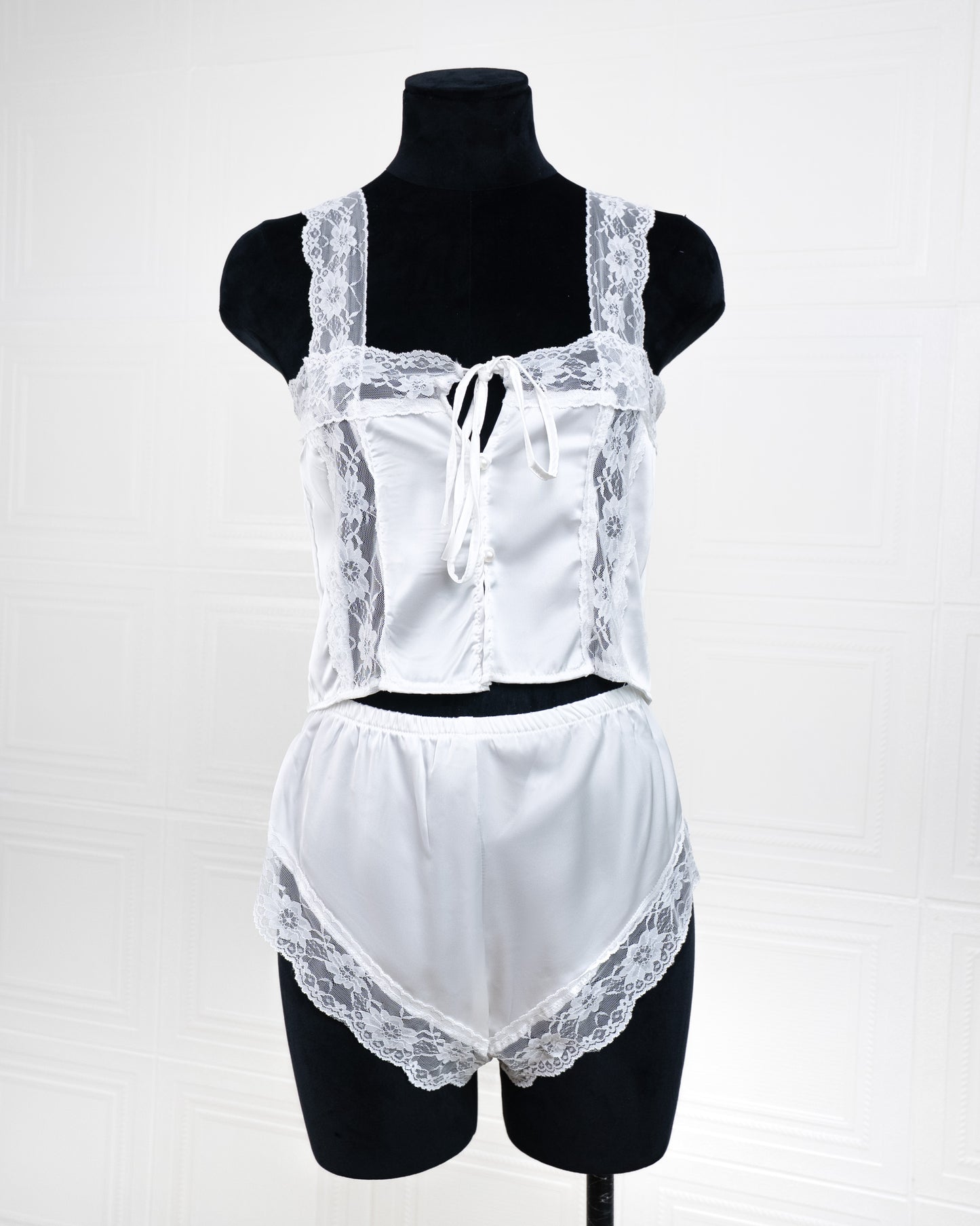 Satin&lace High Waist Cami Dress White - Fever Lingeries