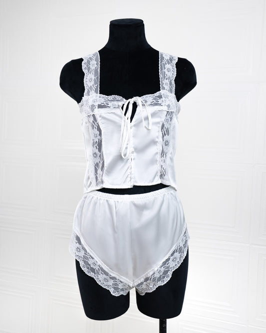 Satin&lace High Waist Cami Dress White - Fever Lingeries