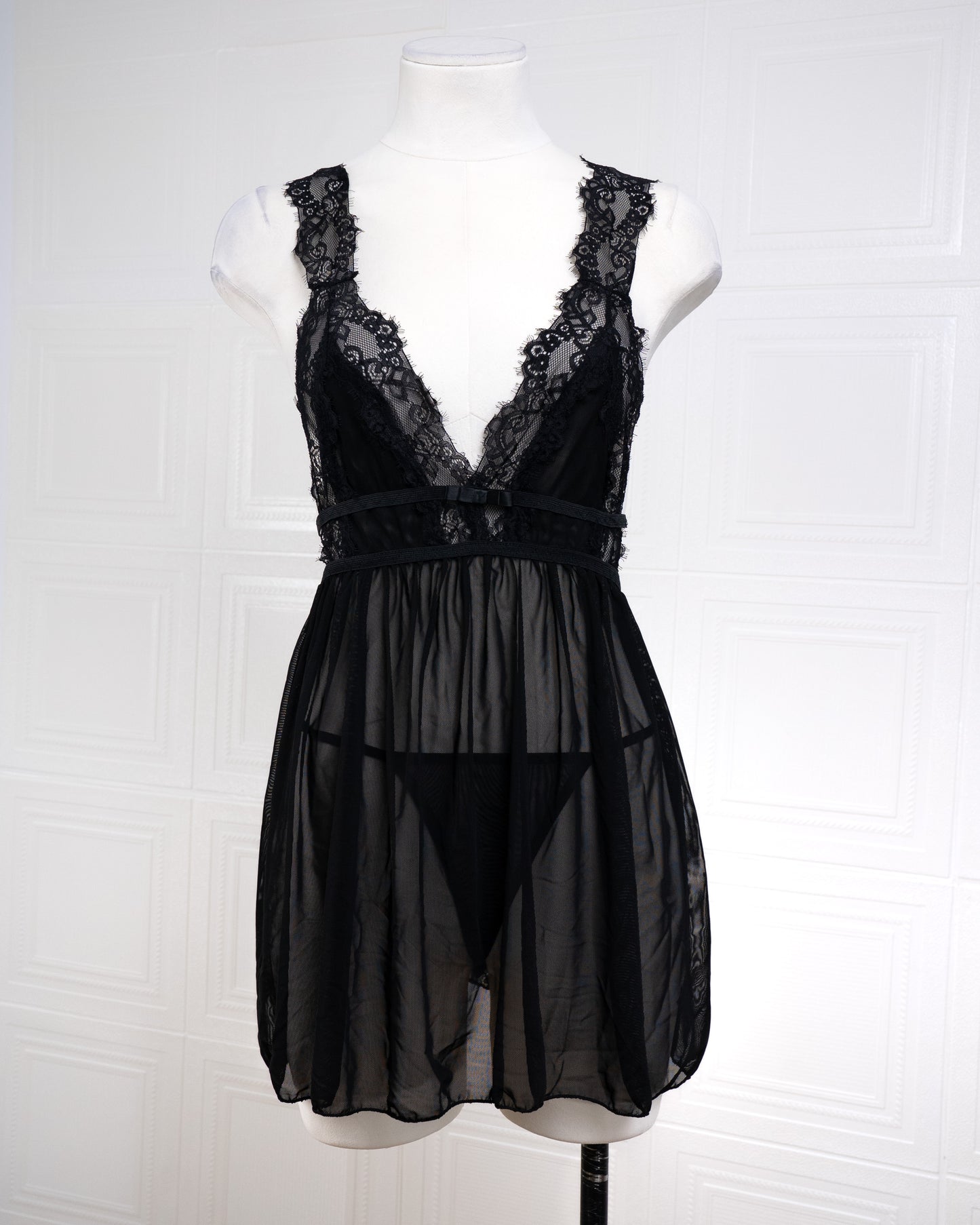 Sheer Mesh Deep V Lace Cami Nightgown Black - Fever Lingeries