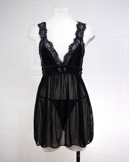 Sheer Mesh Deep V Lace Cami Nightgown Black - Fever Lingeries