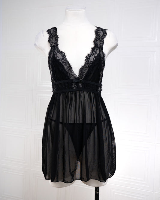 Sheer Mesh Deep V Lace Cami Nightgown Black - Fever Lingeries