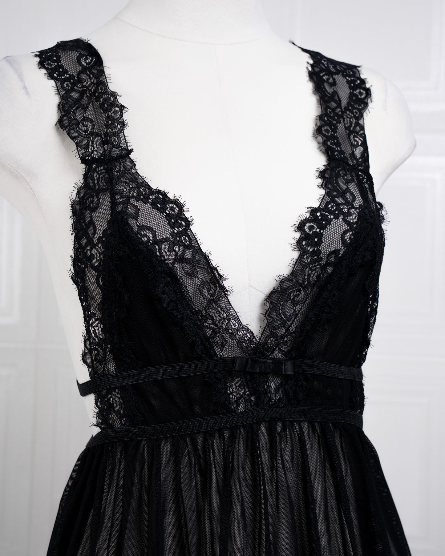 Sheer Mesh Deep V Lace Cami Nightgown Black - Fever Lingeries