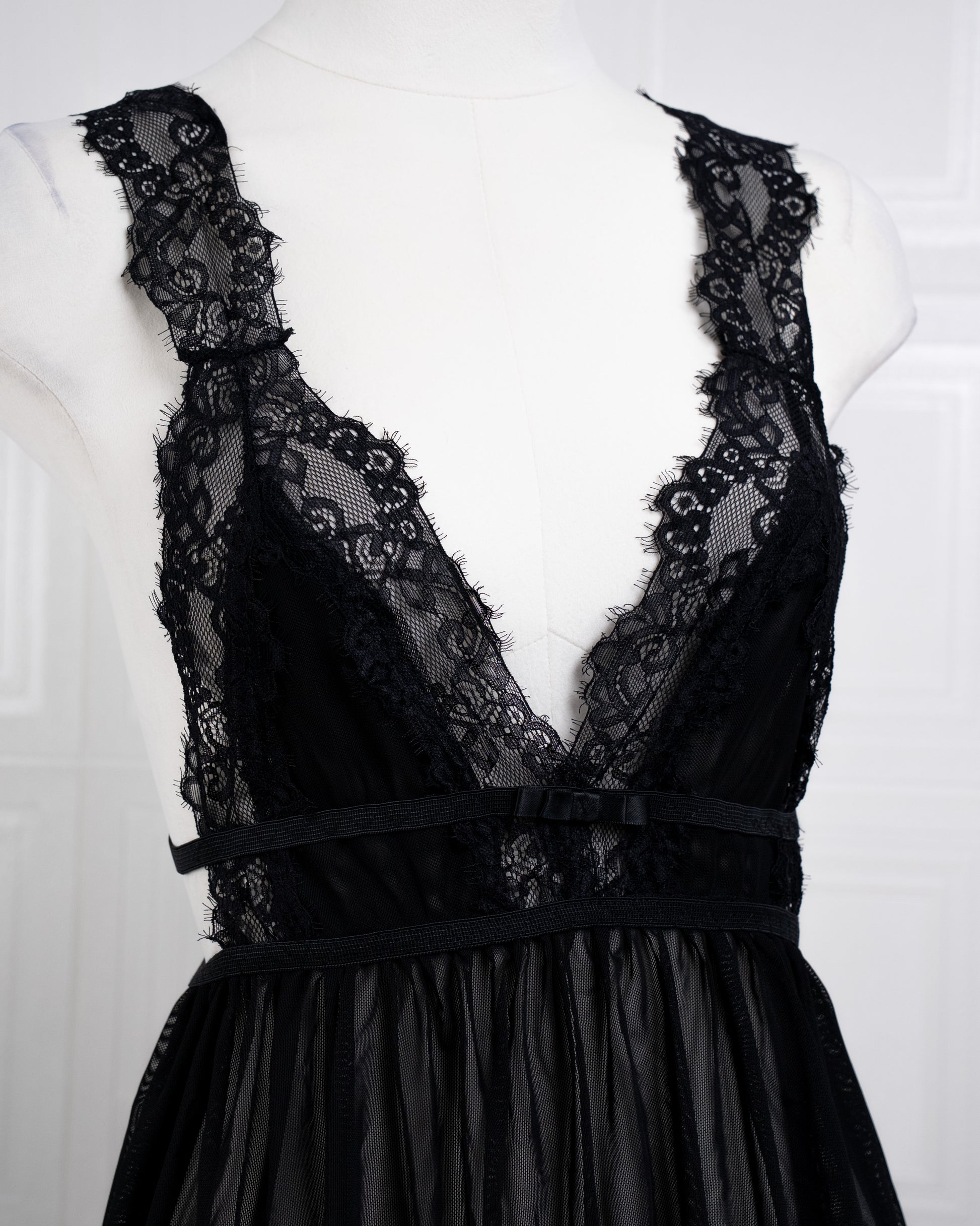 Sheer Mesh Deep V Lace Cami Nightgown Black - Fever Lingeries