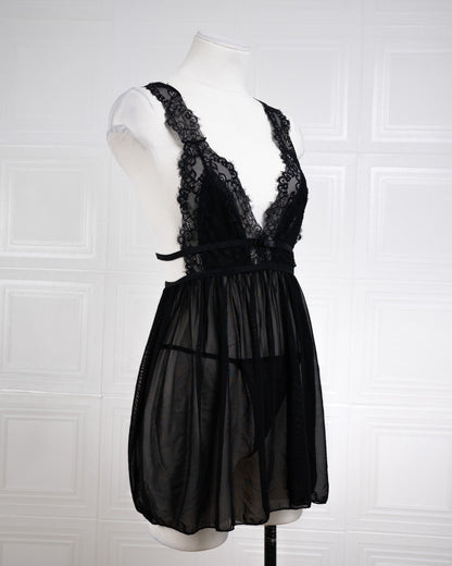 Sheer Mesh Deep V Lace Cami Nightgown Black - Fever Lingeries