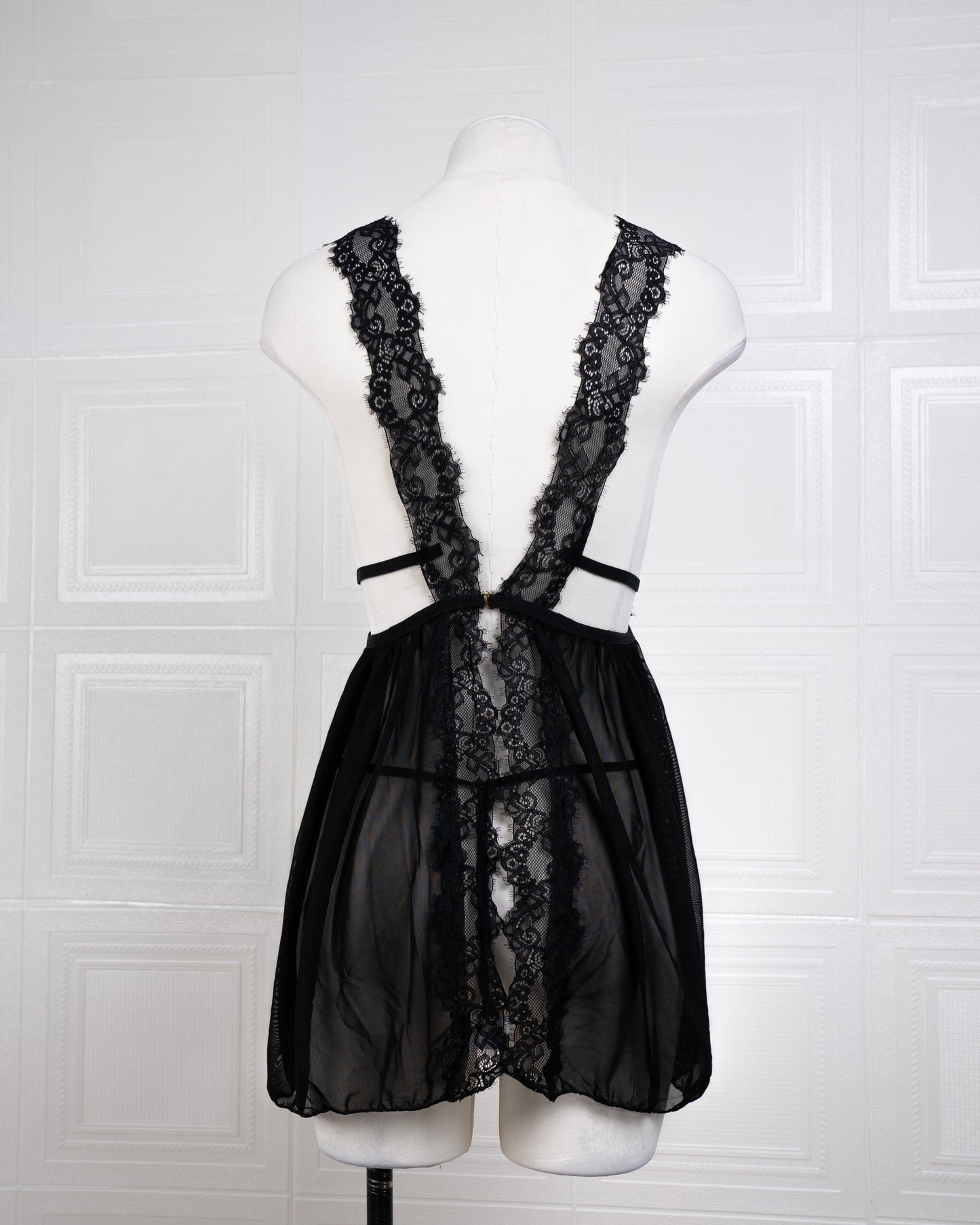 Sheer Mesh Deep V Lace Cami Nightgown Black - Fever Lingeries