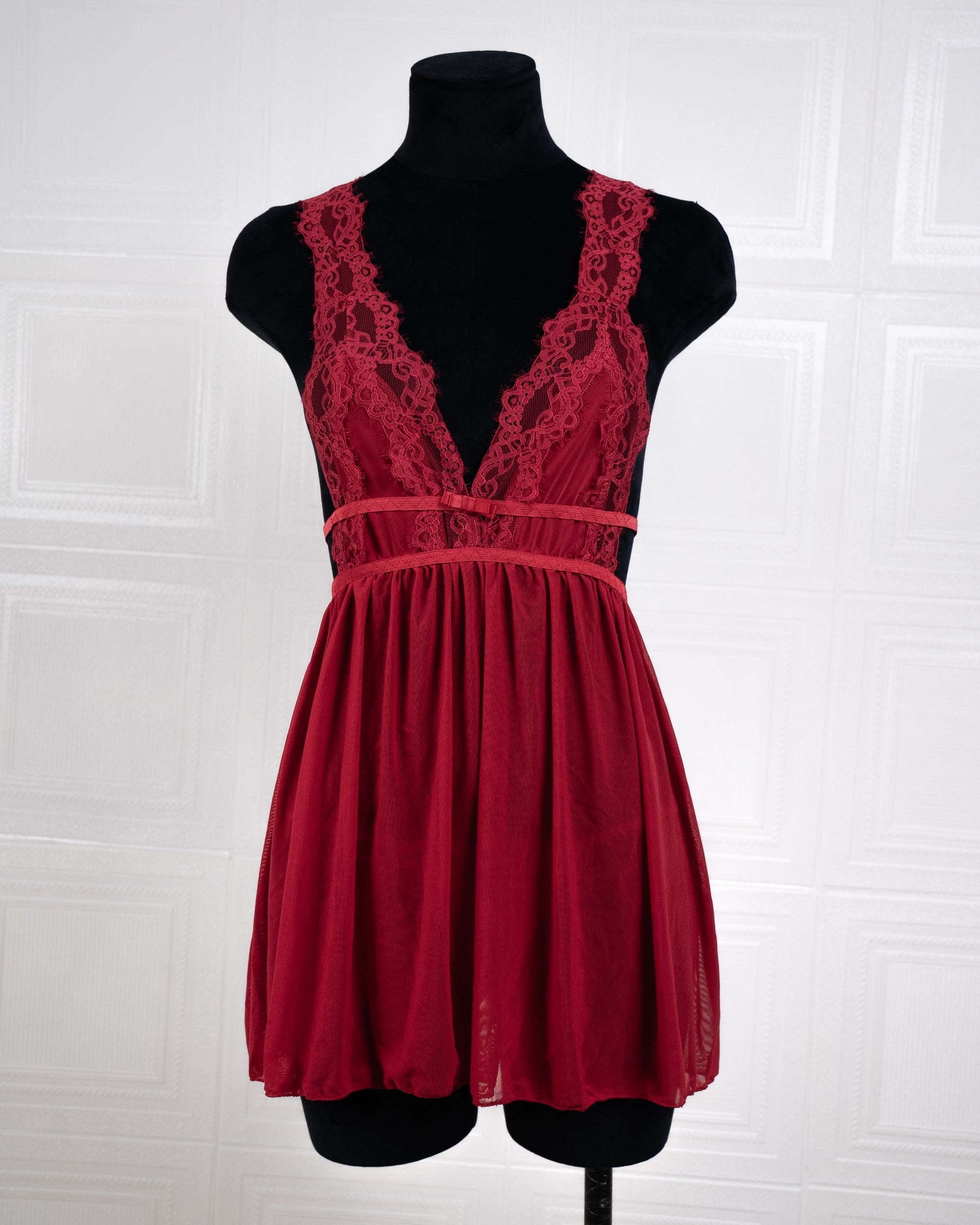 Sheer Mesh Deep V Lace Cami Nightgown Red - Fever Lingeries
