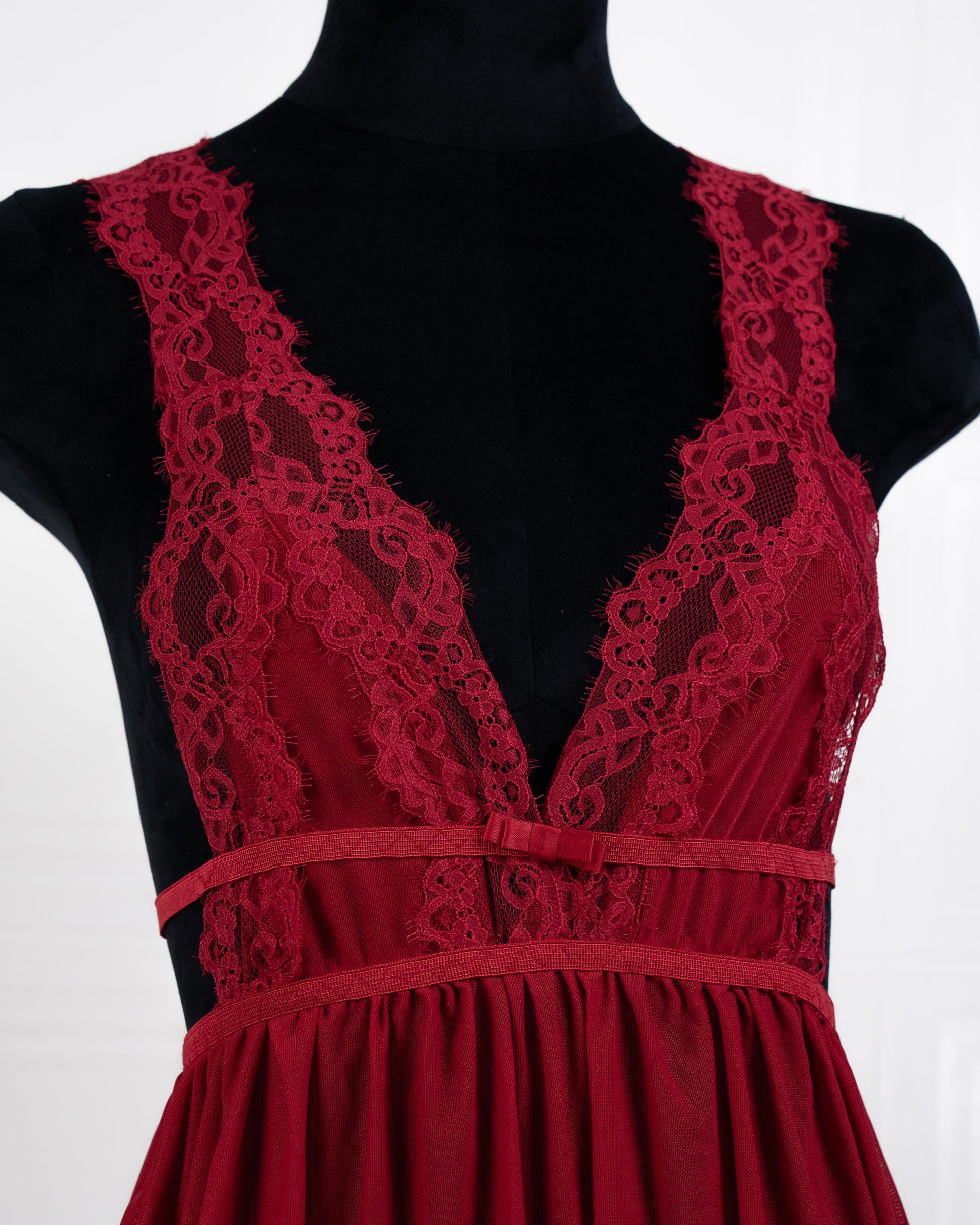 Sheer Mesh Deep V Lace Cami Nightgown Red - Fever Lingeries