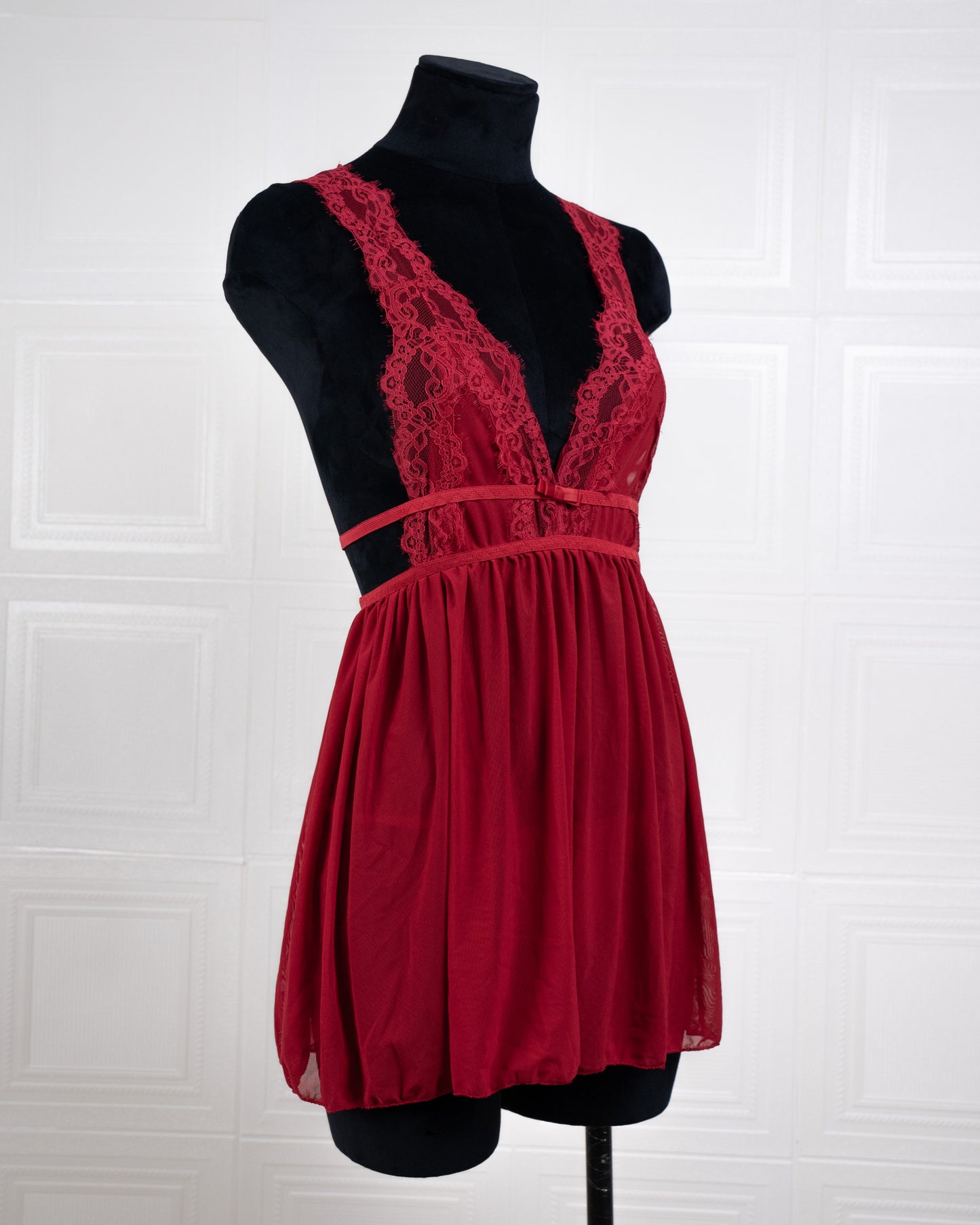 Sheer Mesh Deep V Lace Cami Nightgown Red - Fever Lingeries