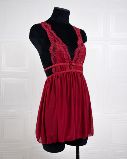 Sheer Mesh Deep V Lace Cami Nightgown Red - Fever Lingeries