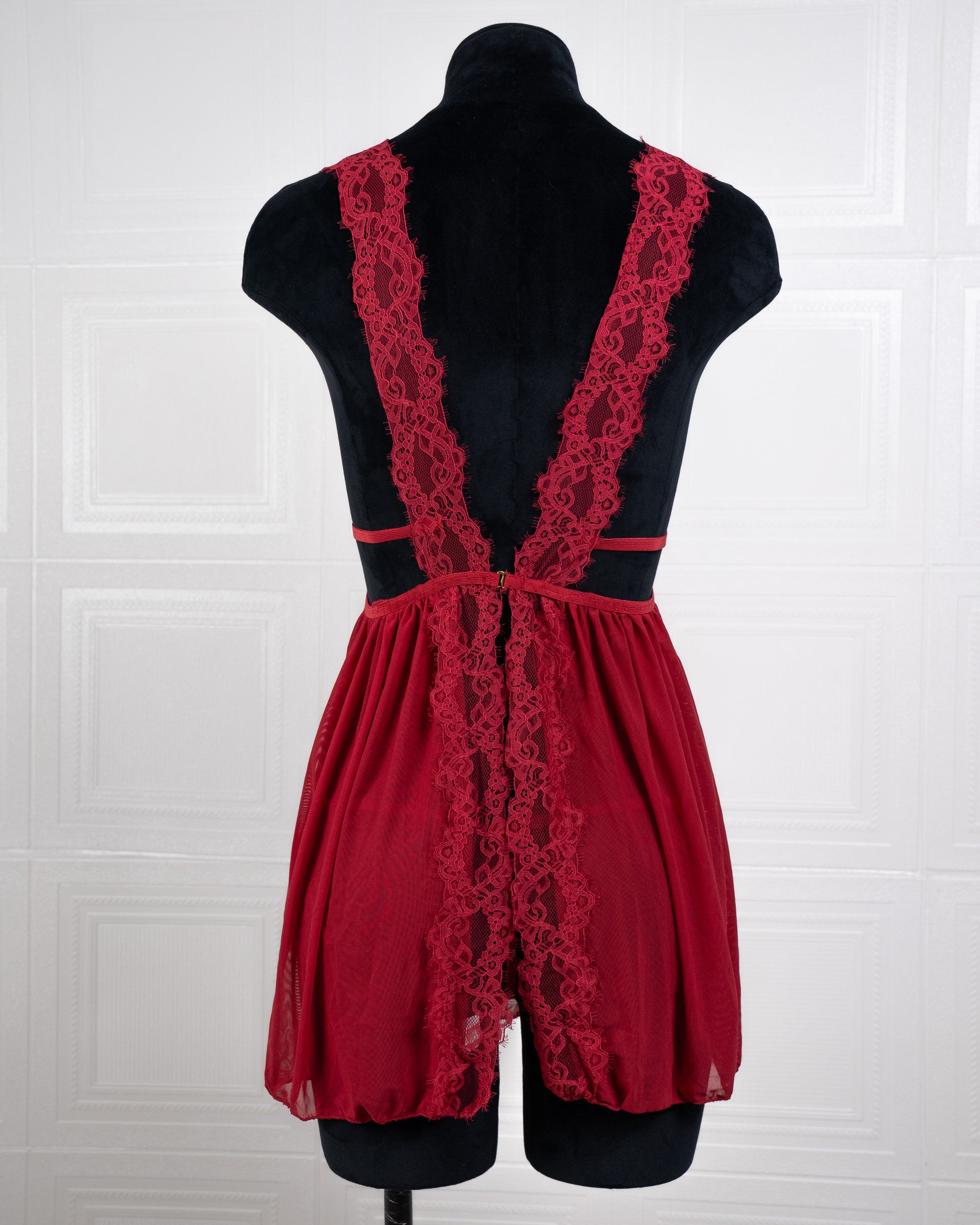 Sheer Mesh Deep V Lace Cami Nightgown Red - Fever Lingeries