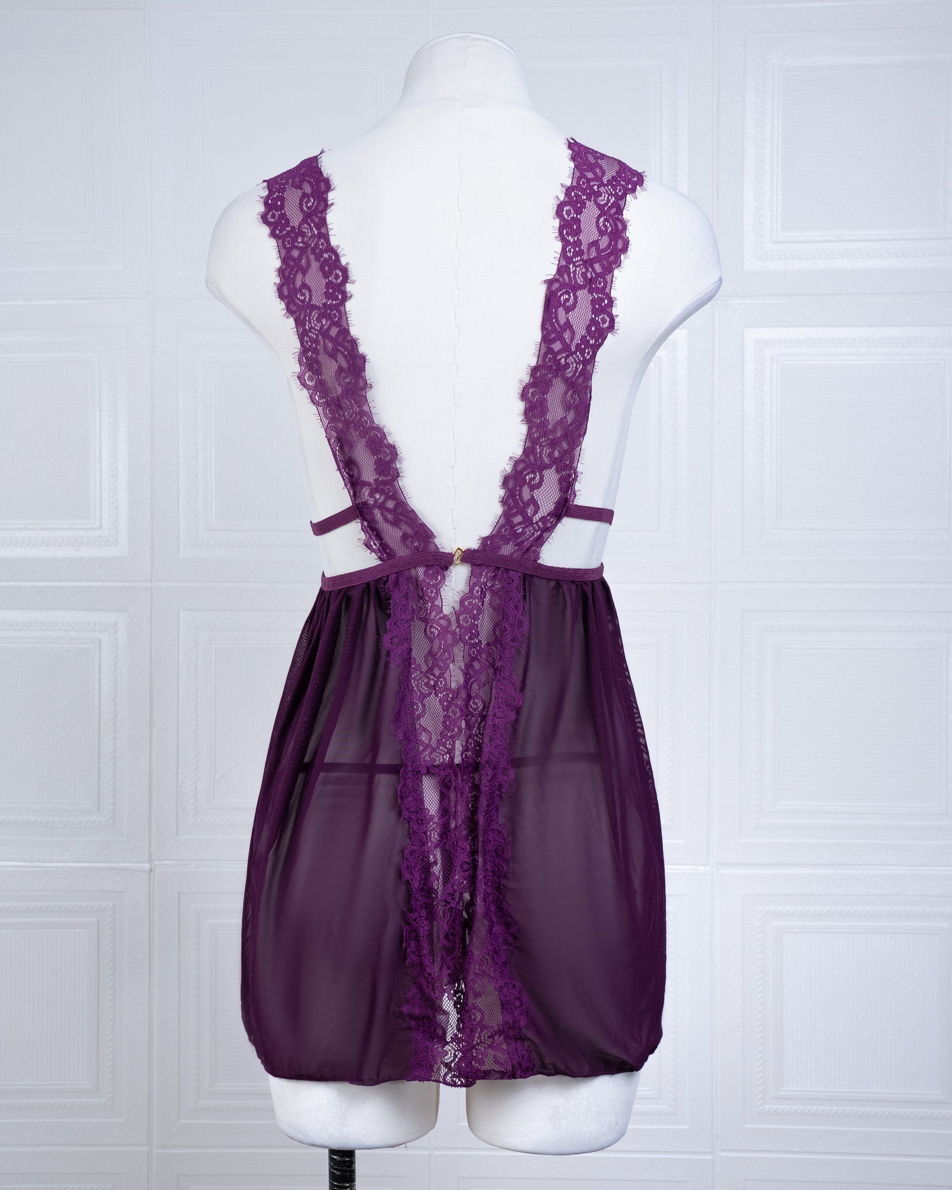 Sheer Mesh Deep V Lace Cami Nightgown Purple - Fever Lingeries