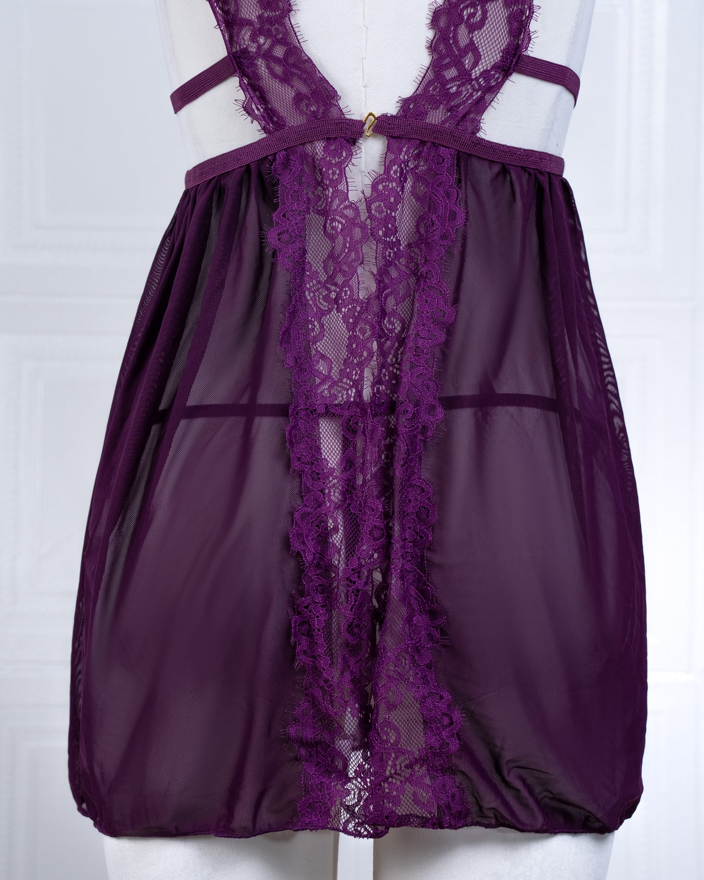 Sheer Mesh Deep V Lace Cami Nightgown Purple - Fever Lingeries