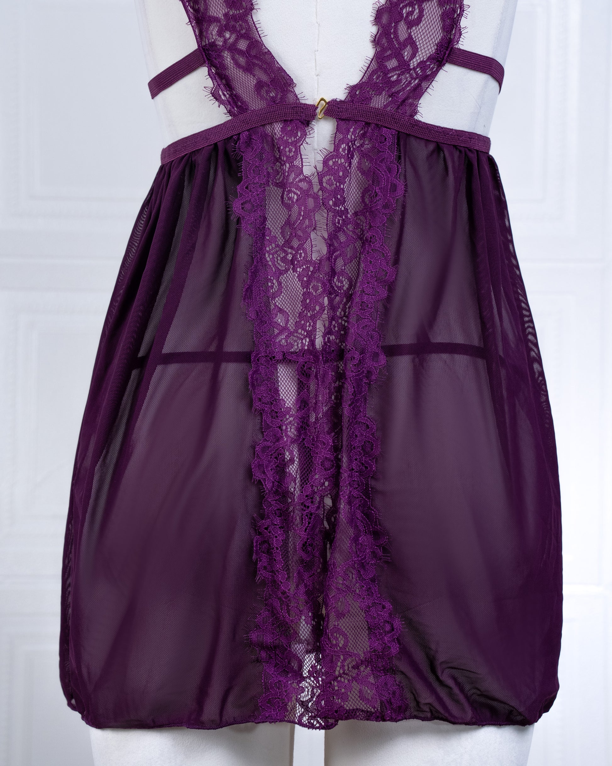 Sheer Mesh Deep V Lace Cami Nightgown Purple - Fever Lingeries