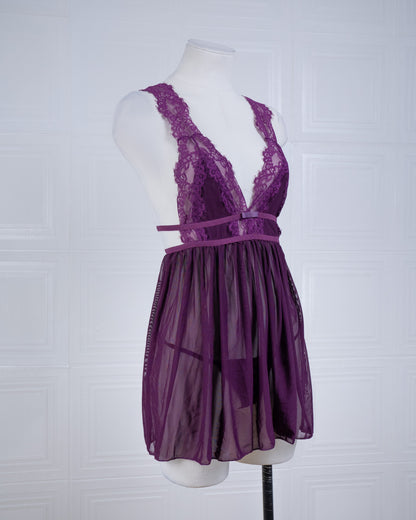 Sheer Mesh Deep V Lace Cami Nightgown Purple - Fever Lingeries