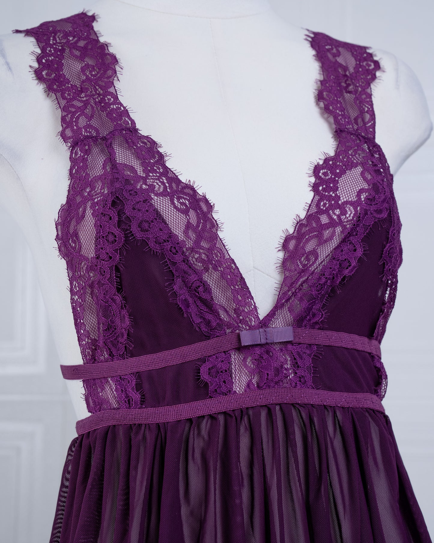 Sheer Mesh Deep V Lace Cami Nightgown Purple - Fever Lingeries