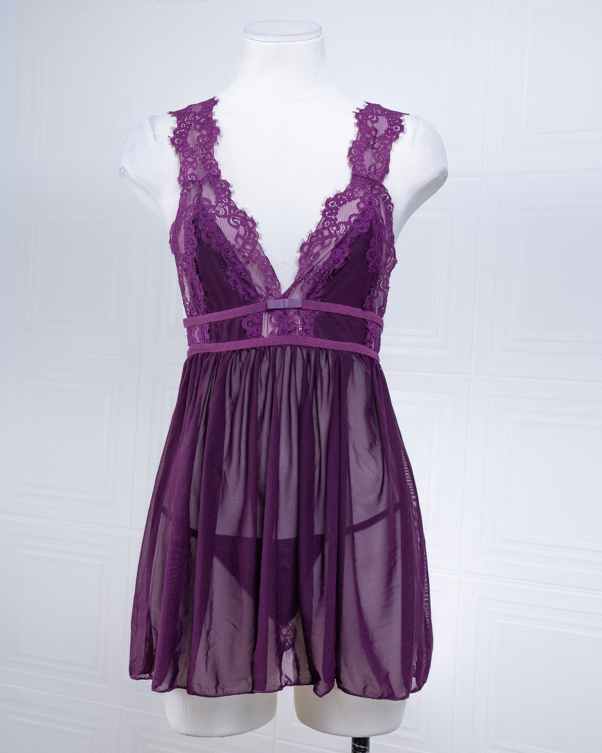 Sheer Mesh Deep V Lace Cami Nightgown Purple - Fever Lingeries