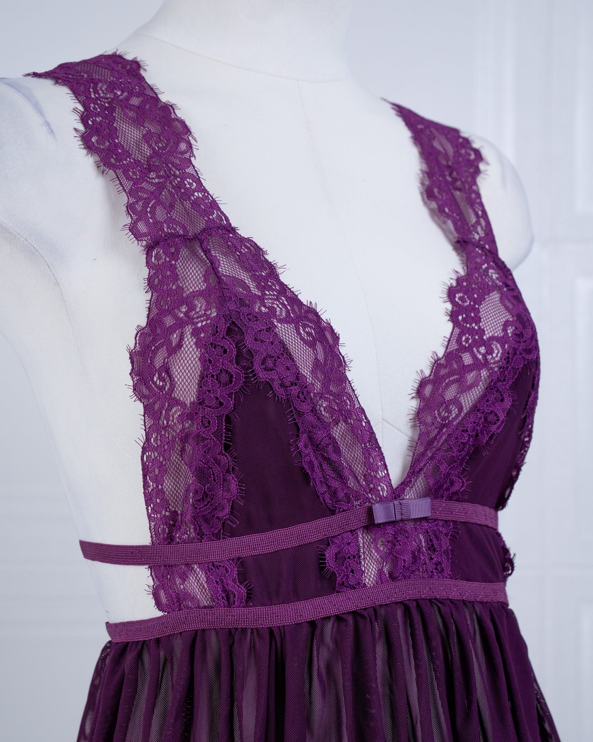 Sheer Mesh Deep V Lace Cami Nightgown Purple - Fever Lingeries