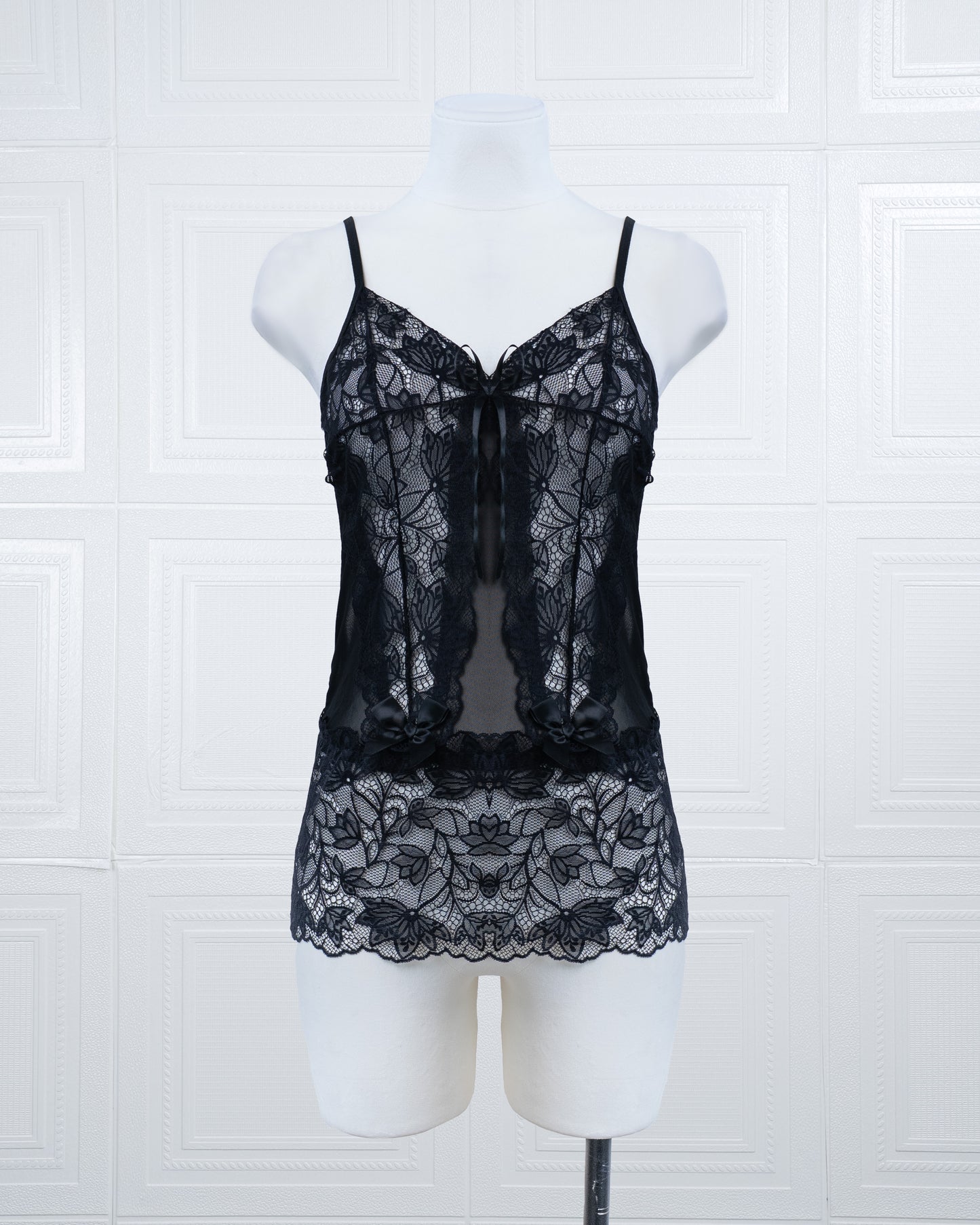 Lace Nightdress with Back Tie Straps Black - Fever Lingeries