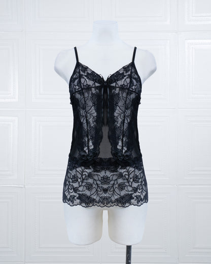 Lace Nightdress with Back Tie Straps Black - Fever Lingeries