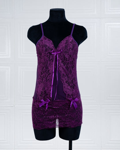 Lace Nightdress with Back Tie Straps Purple - Fever Lingeries