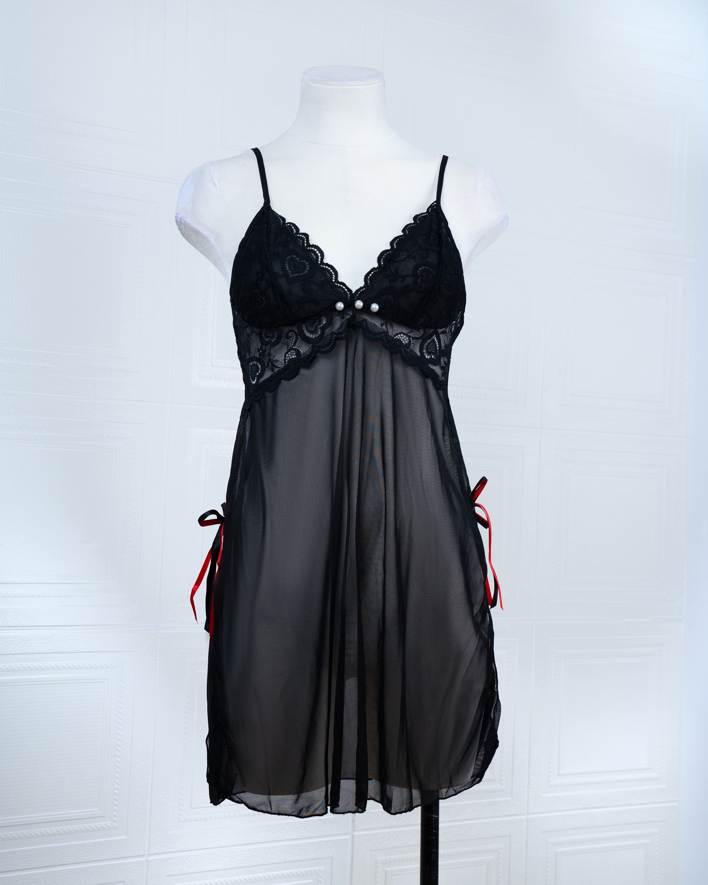 Sheer Slit Pearl-embellished Lace Slip Dress Black - Fever Lingeries