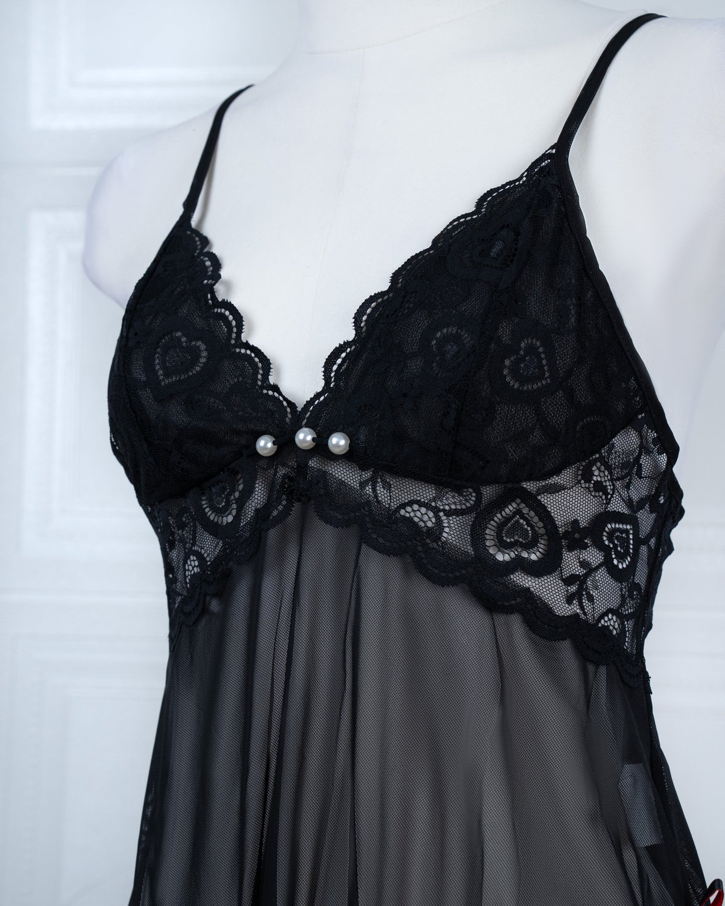 Sheer Slit Pearl-embellished Lace Slip Dress Black - Fever Lingeries