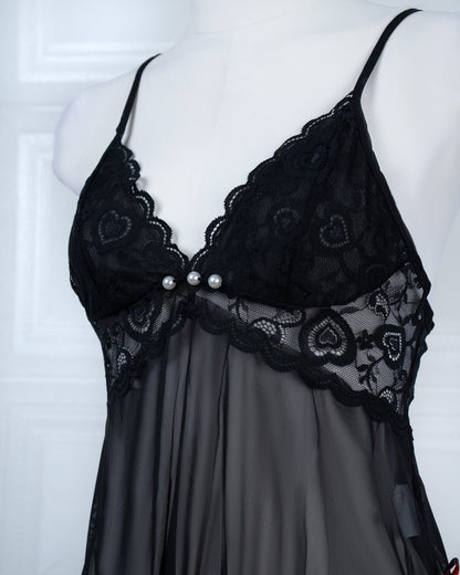 Sheer Slit Pearl-embellished Lace Slip Dress Black - Fever Lingeries