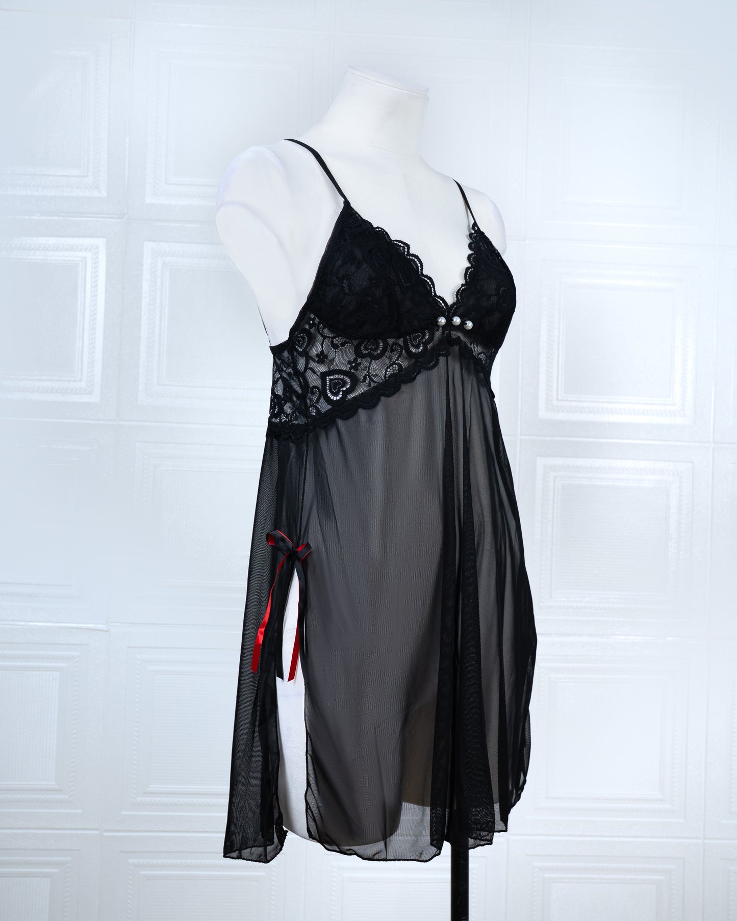 Sheer Slit Pearl-embellished Lace Slip Dress Black - Fever Lingeries