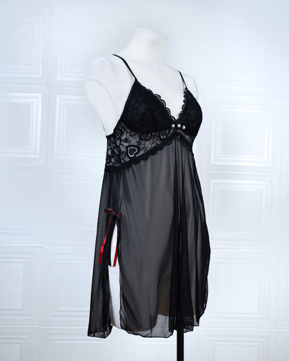 Sheer Slit Pearl-embellished Lace Slip Dress Black - Fever Lingeries