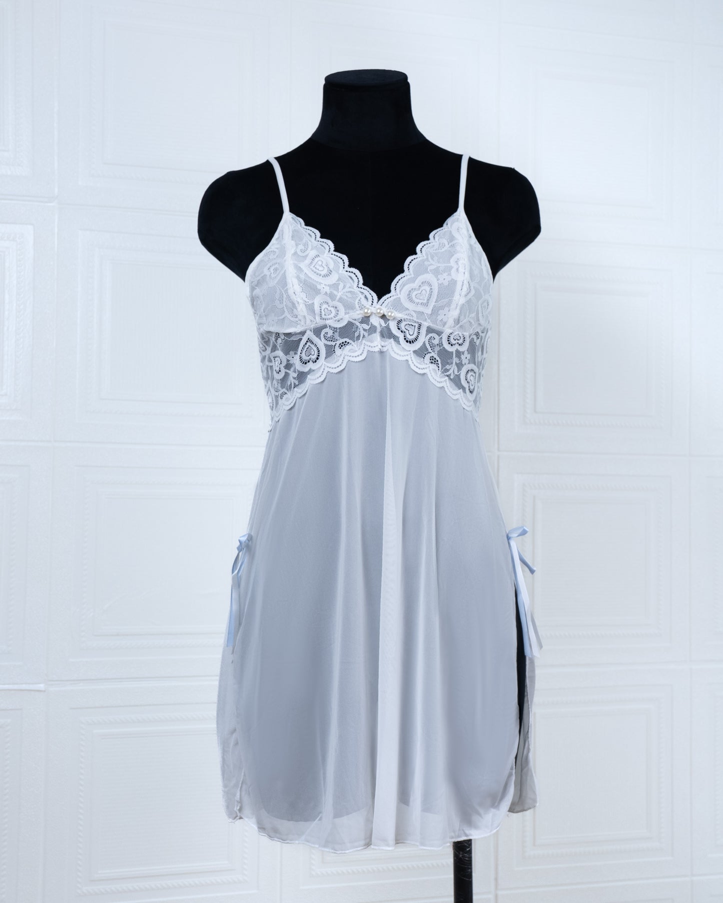 Sheer Slit Pearl-embellished Lace Slip Dress White - Fever Lingeries