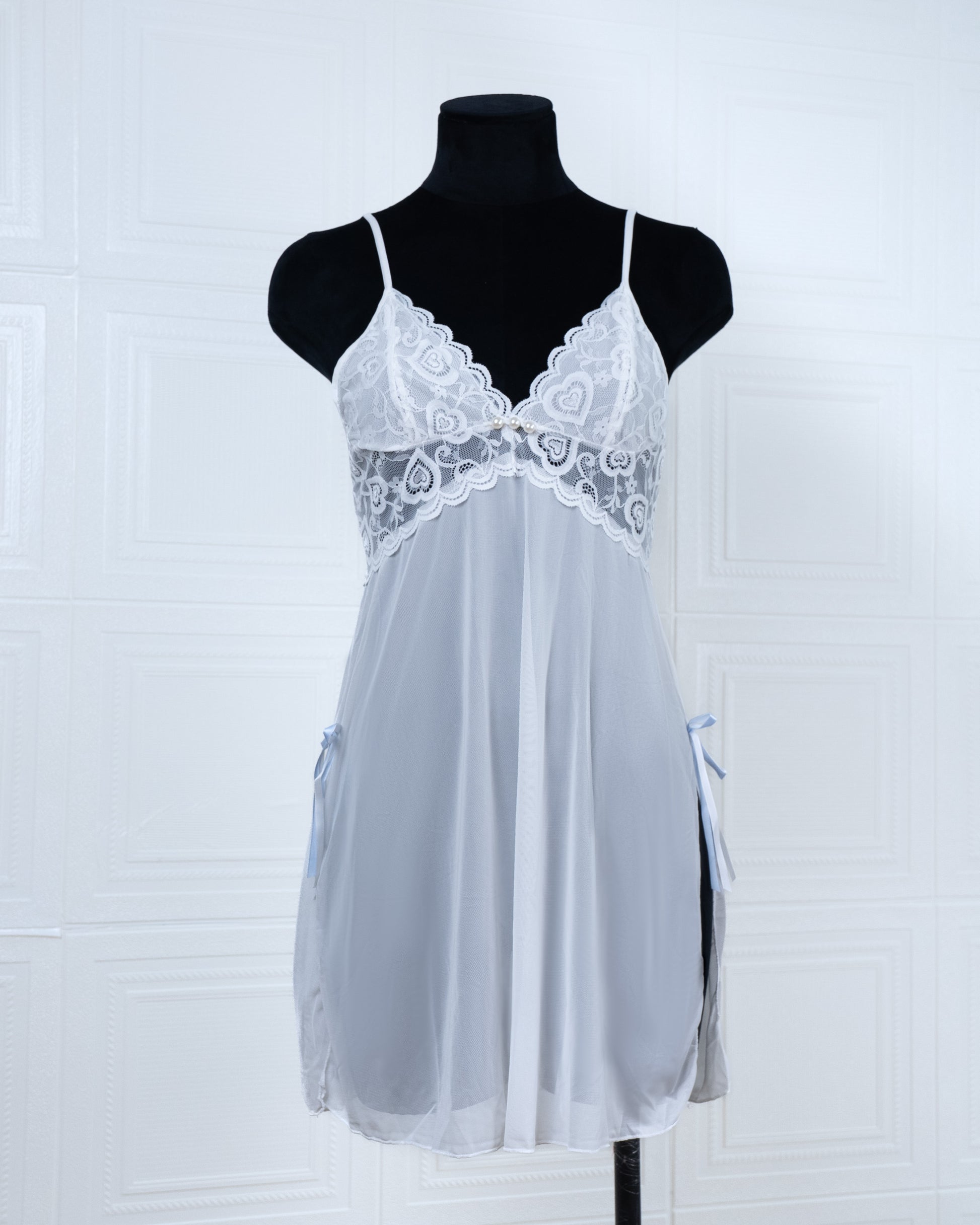Sheer Slit Pearl-embellished Lace Slip Dress White - Fever Lingeries