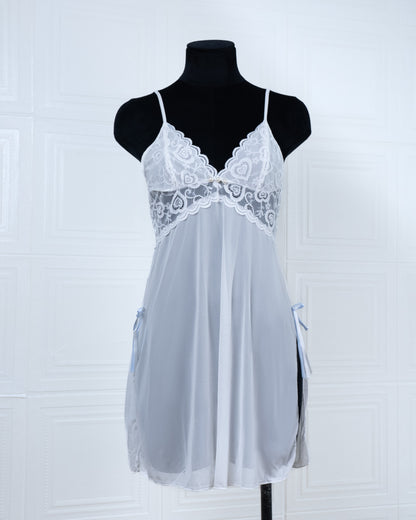 Sheer Slit Pearl-embellished Lace Slip Dress White - Fever Lingeries