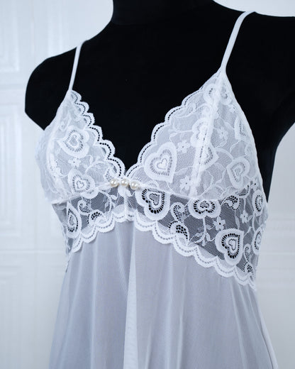 Sheer Slit Pearl-embellished Lace Slip Dress White - Fever Lingeries