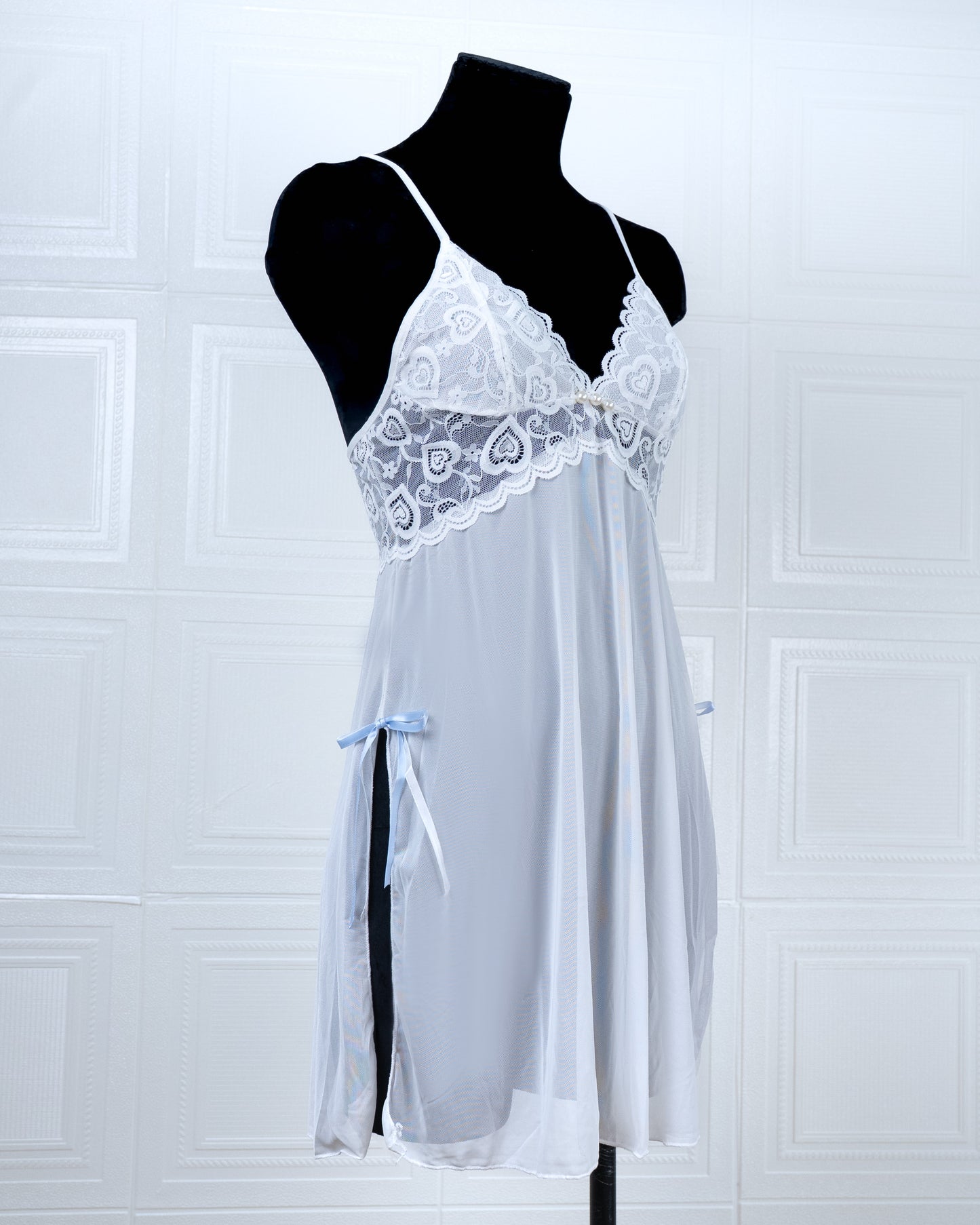 Sheer Slit Pearl-embellished Lace Slip Dress White - Fever Lingeries