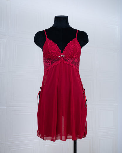 Sheer Slit Pearl-embellished Lace Slip Dress Red - Fever Lingeries