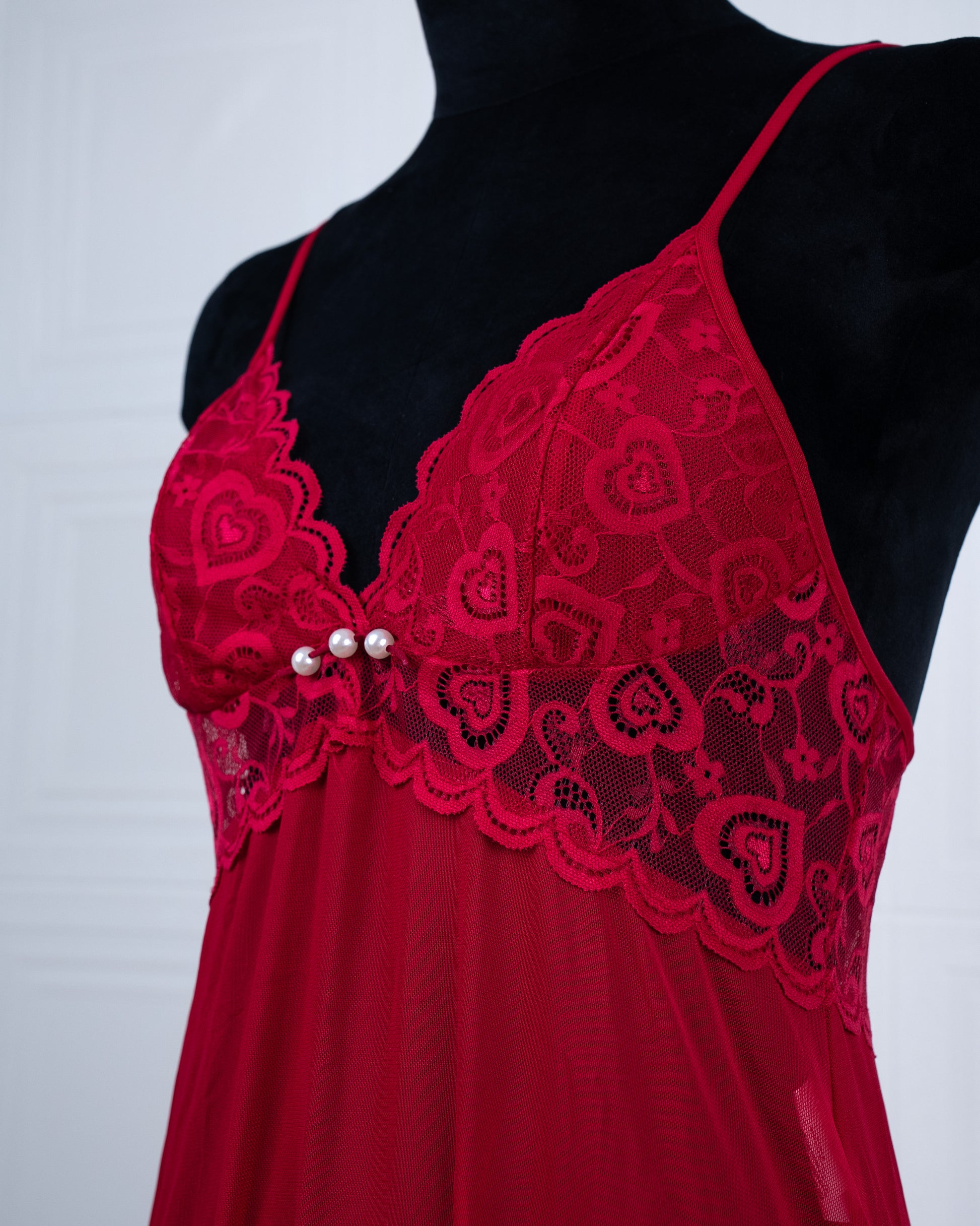 Sheer Slit Pearl-embellished Lace Slip Dress Red - Fever Lingeries