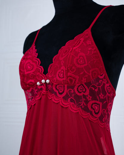 Sheer Slit Pearl-embellished Lace Slip Dress Red - Fever Lingeries