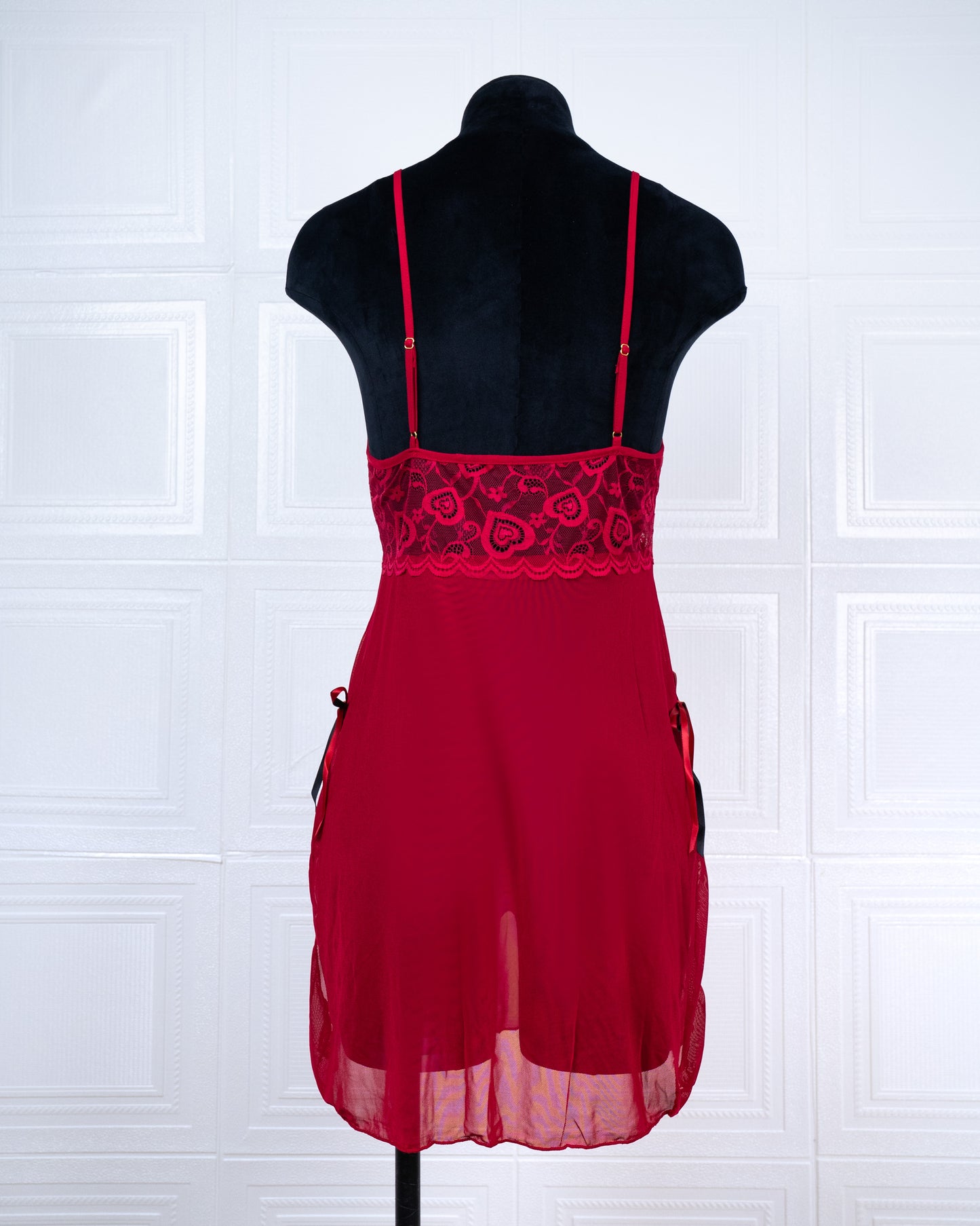 Sheer Slit Pearl-embellished Lace Slip Dress Red - Fever Lingeries