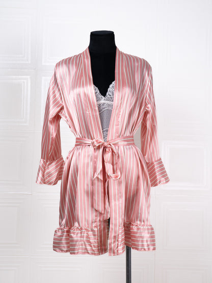 Three-piece Pink Striped Silk Bathrobe Set - Fever Lingeries