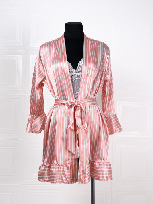 Three-piece Pink Striped Silk Bathrobe Set - Fever Lingeries