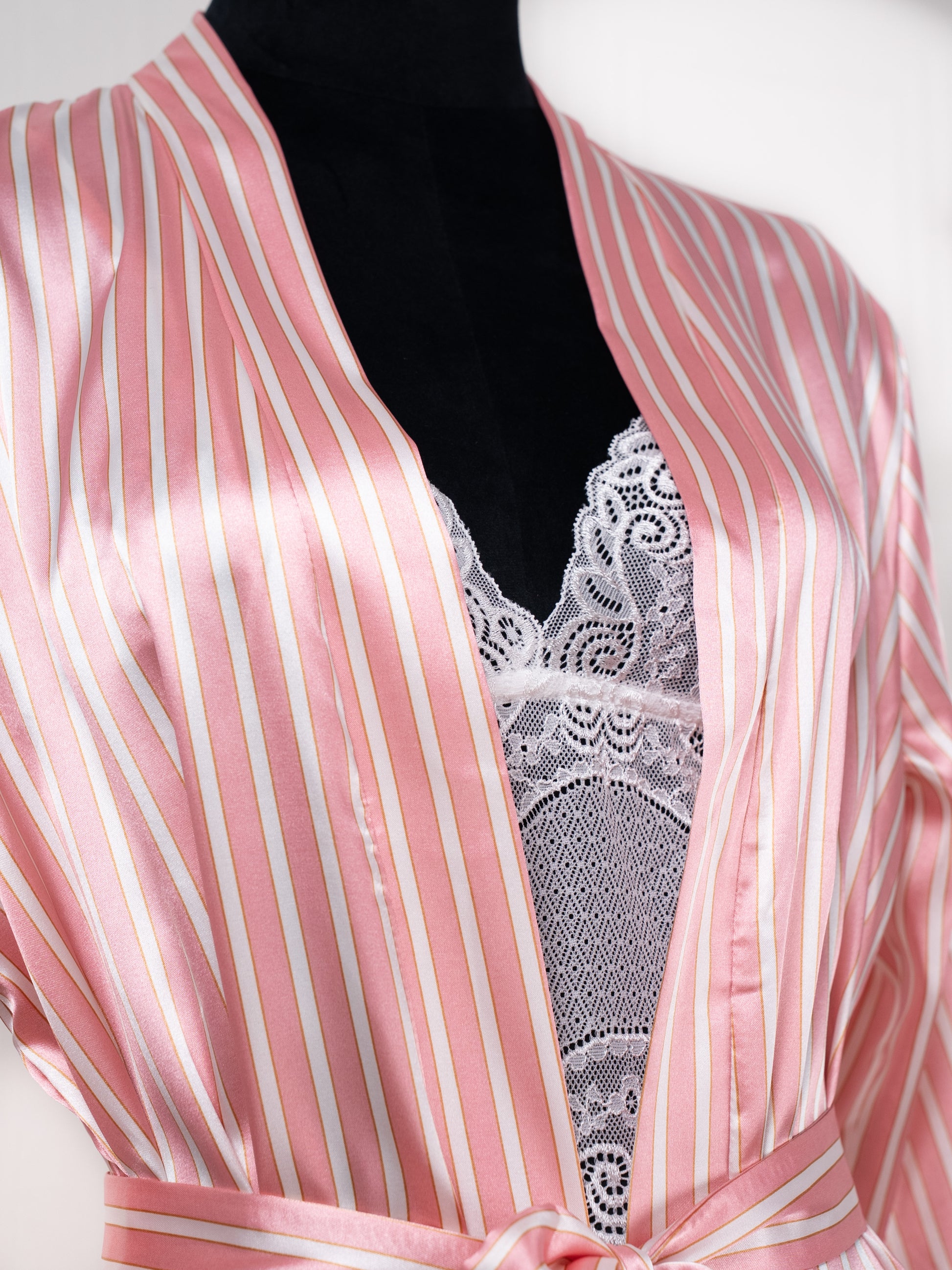 Three-piece Pink Striped Silk Bathrobe Set - Fever Lingeries