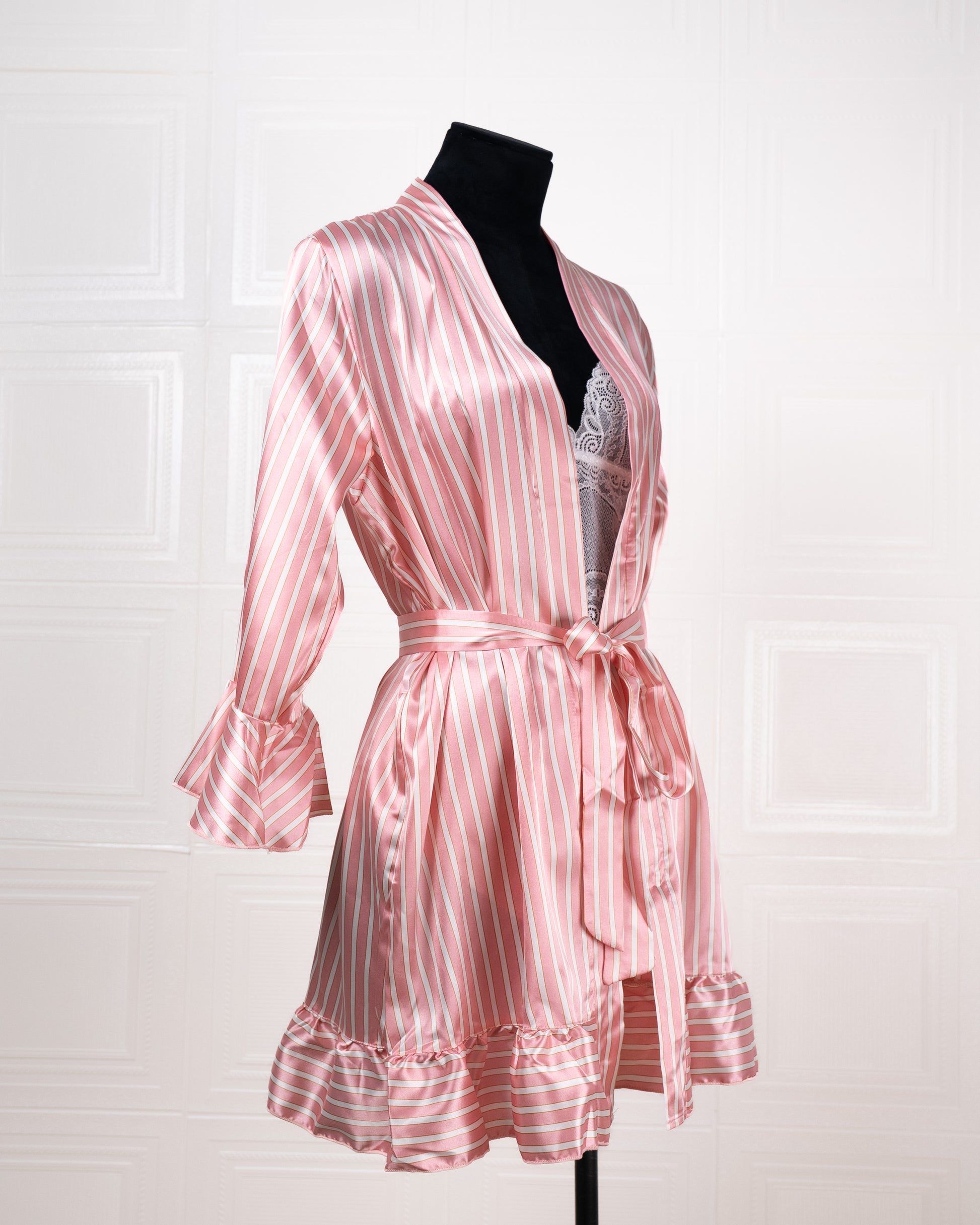 Three-piece Pink Striped Silk Bathrobe Set - Fever Lingeries