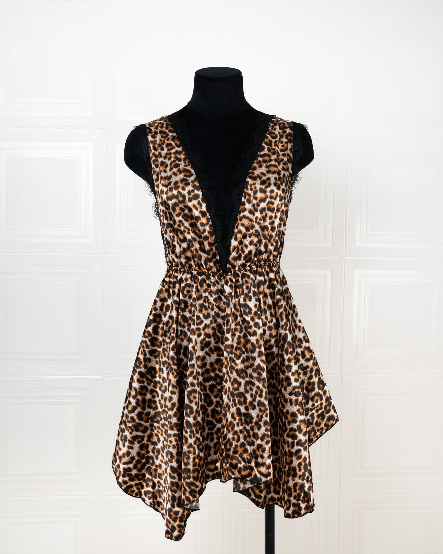 Lace-paneled Leopard Print Satin Nightdress - Fever Lingeries