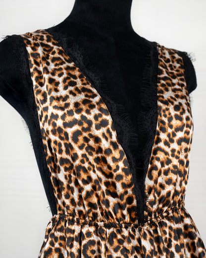Lace-paneled Leopard Print Satin Nightdress - Fever Lingeries