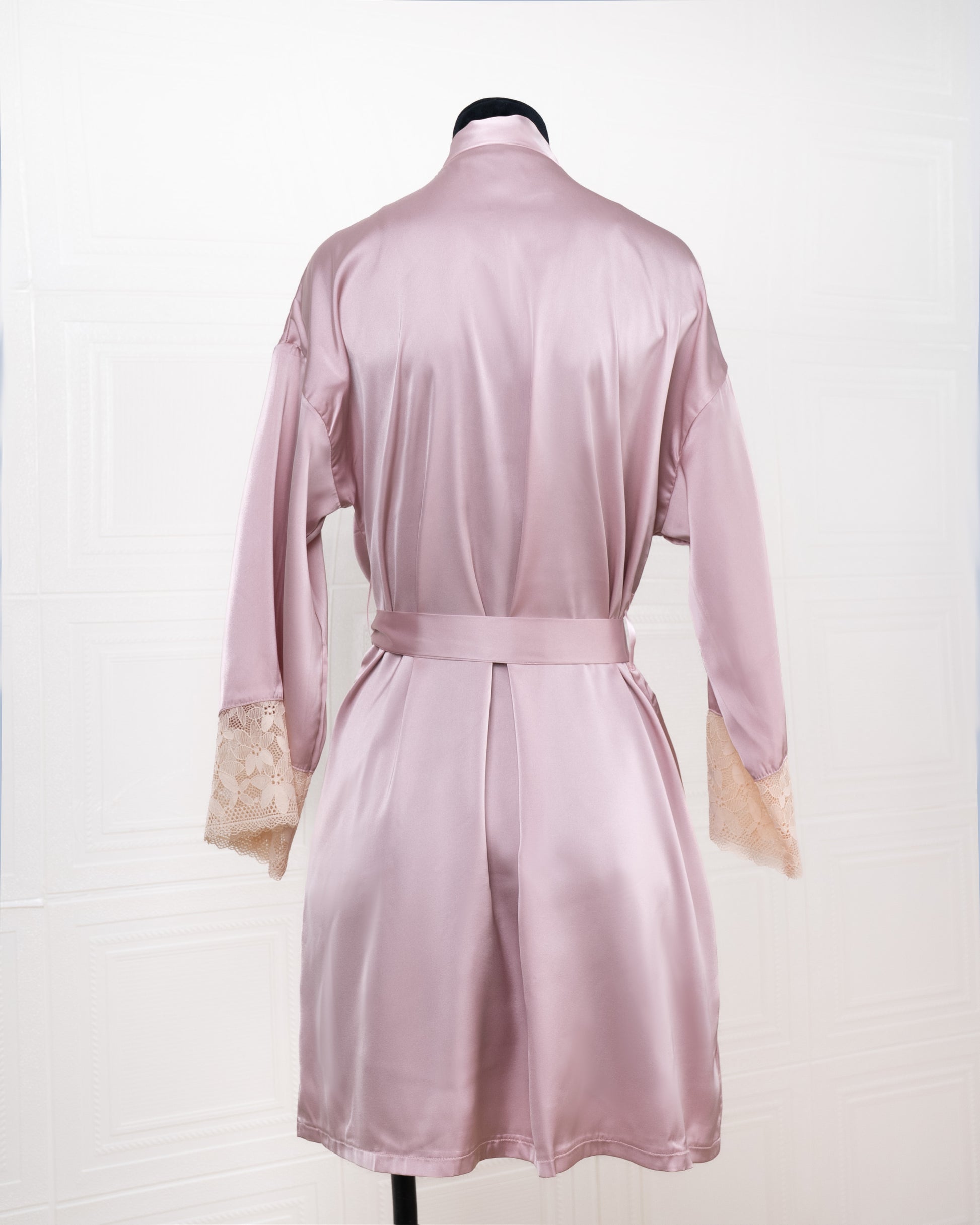 Silk Pink Robe with Lace-trimmed Cuffs - Fever Lingeries