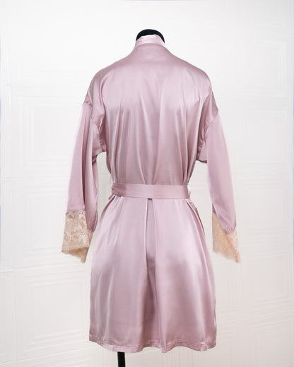 Silk Pink Robe with Lace-trimmed Cuffs - Fever Lingeries