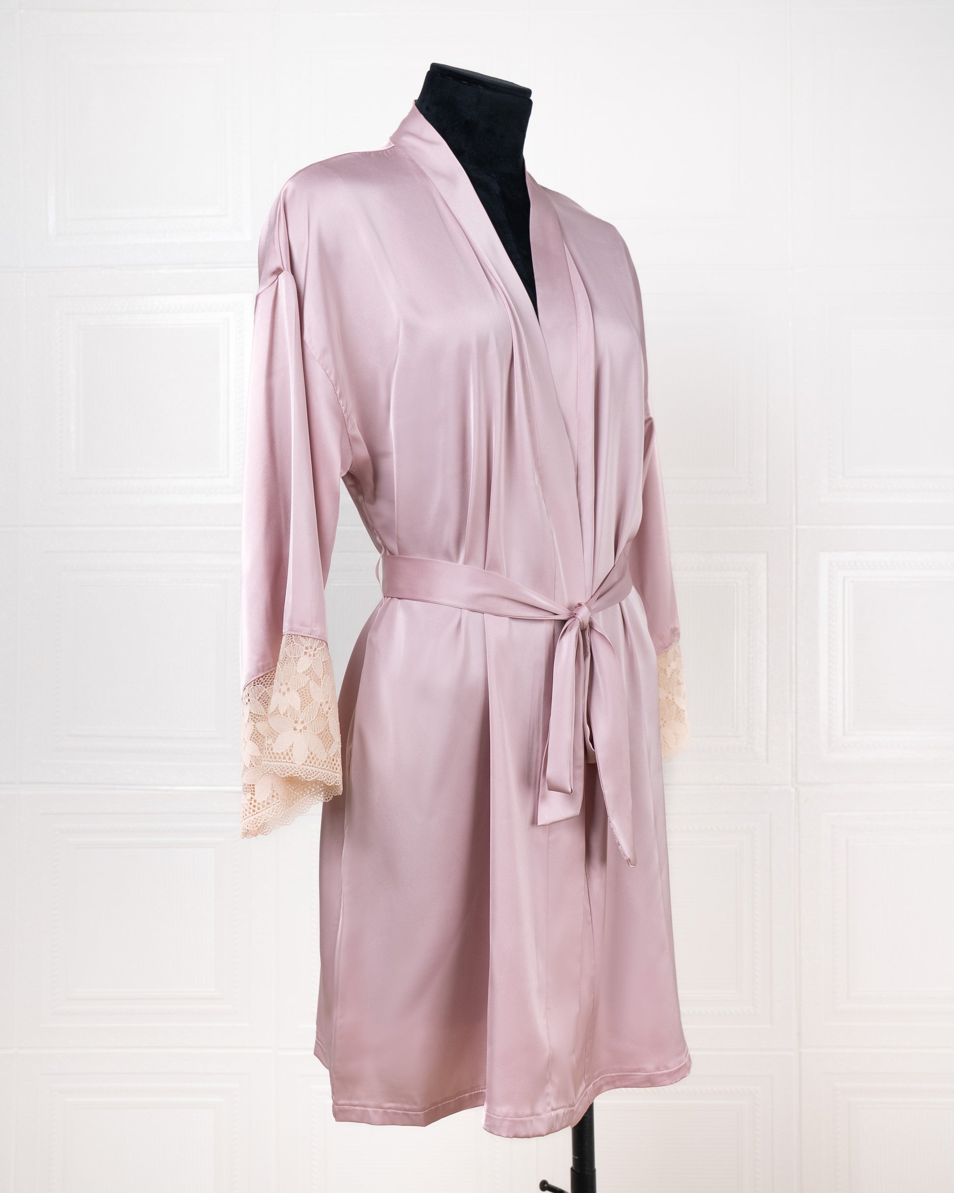 Silk Pink Robe with Lace-trimmed Cuffs - Fever Lingeries
