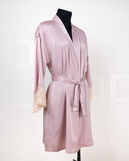 Silk Pink Robe with Lace-trimmed Cuffs - Fever Lingeries